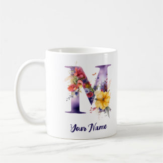 Caneca De Café Borboleta Personalizada e Flores - Letra "M"