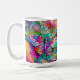 Caneca De Café Borboleta Psicodélica Colorida e Flores