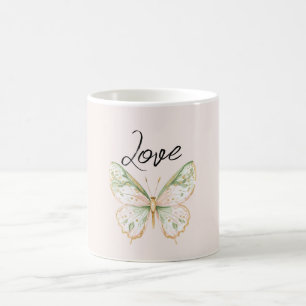 Caneca De Café Borboleta Rosa Bege Verde Menta Dourado