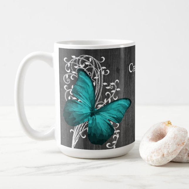 Caneca De Café Borboleta Rústica Teal Coffee Mug Personalizado (Com Donut)