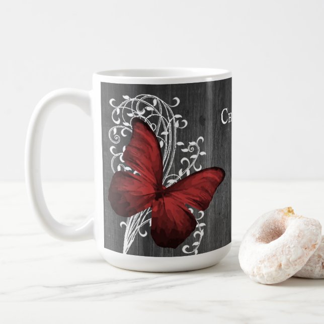 Caneca De Café Borboleta Rústica Vermelha Coffee Personalizado (Com Donut)