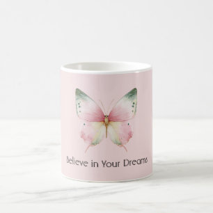 Caneca De Café Borboleta Verde Rosa Branco Menta