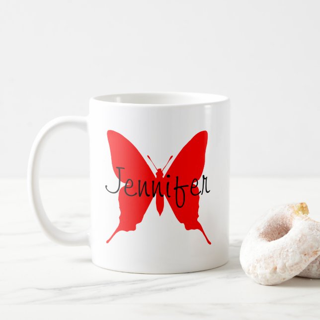 Caneca De Café Borboleta vermelha brilhante personalizada (Com Donut)