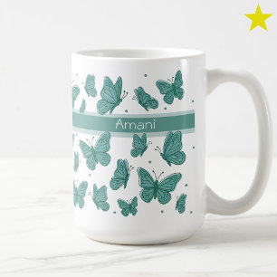 Caneca De Café Borboletas Azuis & Pontos Nome Personalizado Monog
