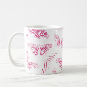 Caneca De Café Borboletas Brancas Girly Rosa Padrão de Aquarela
