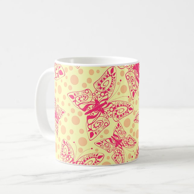 Caneca De Café borboletas carmesim de renda em fundo de bolinhas  (Frente Esquerda)
