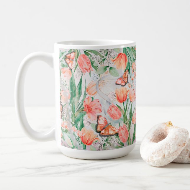 Caneca De Café Borboletas das flores da primavera (Com Donut)