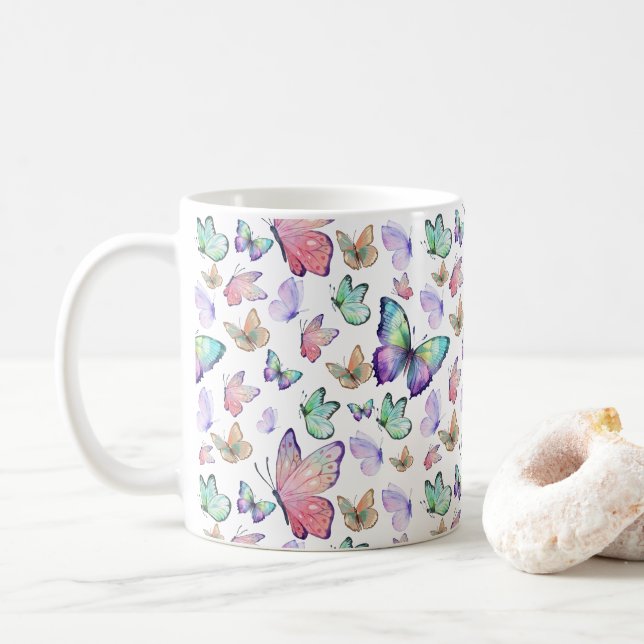 Caneca De Café Borboletas de Aquarela Padrão Invisível (Com Donut)