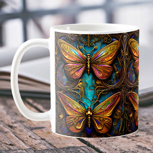 Caneca De Café Borboletas de bronze em azul-aquático