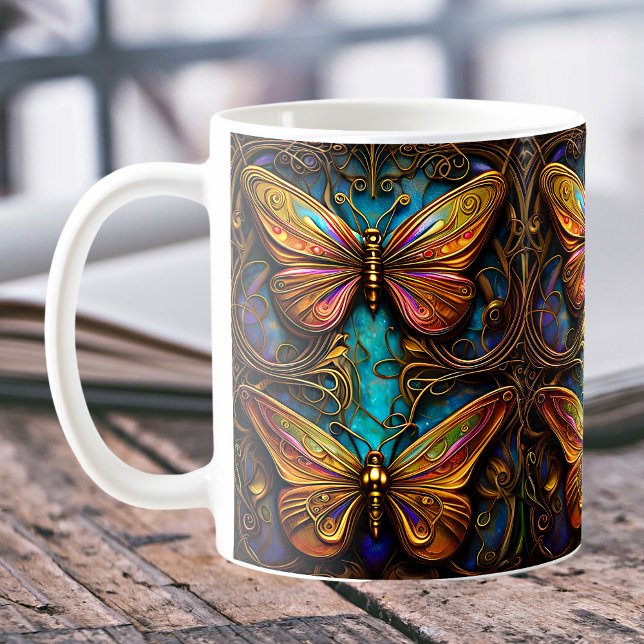 Caneca De Café Borboletas de bronze em azul-aquático (Criador carregado)