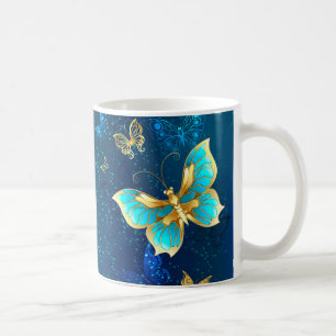 Caneca De Café Borboletas de ouro em um fundo azul