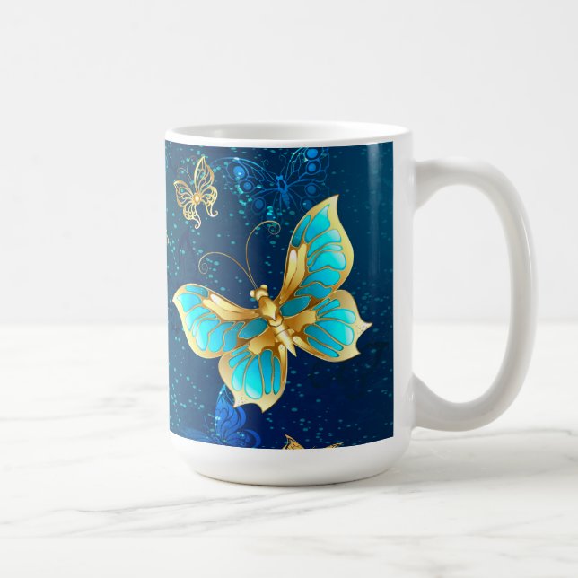 Caneca De Café Borboletas de ouro em um fundo azul (Direita)