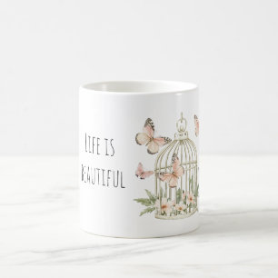 Caneca De Café Borboletas de Pêssego Floral Cage de Pássaros