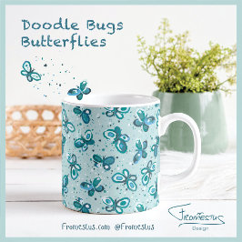 Caneca De Café Borboletas Doodle Bugs - turquesa - padrão.