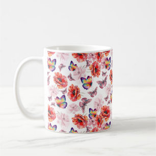 Caneca De Café Borboletas e flores de papoila