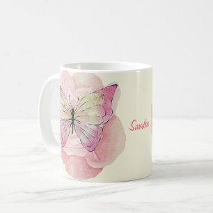 Caneca De Café Borboletas e flores personalizadas de aquarelas