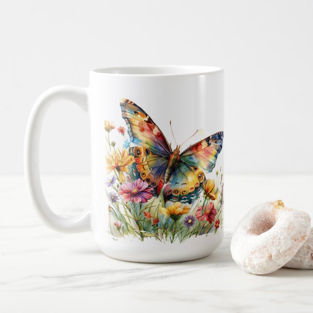 Caneca De Café Borboletas e flores silvestres (Com Donut)