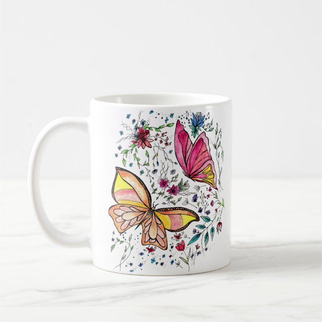 Caneca De Café Borboletas e nome feito sob encomenda (Esquerda)