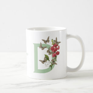 Caneca De Café Borboletas Flor Monograma Inicial D Nome