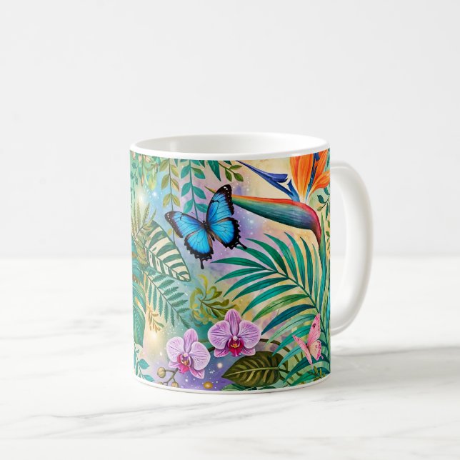 Caneca De Café Borboletas Flores Fantasia da Selva Alegre (Frente Esquerda)