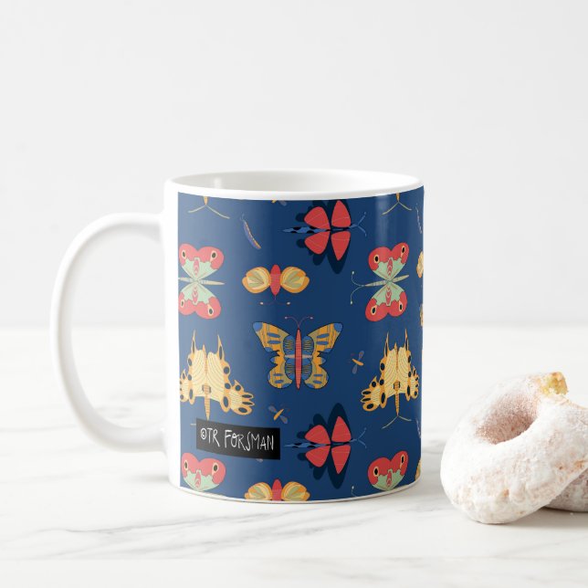 Caneca De Café Borboletas geométricas no azul (Com Donut)