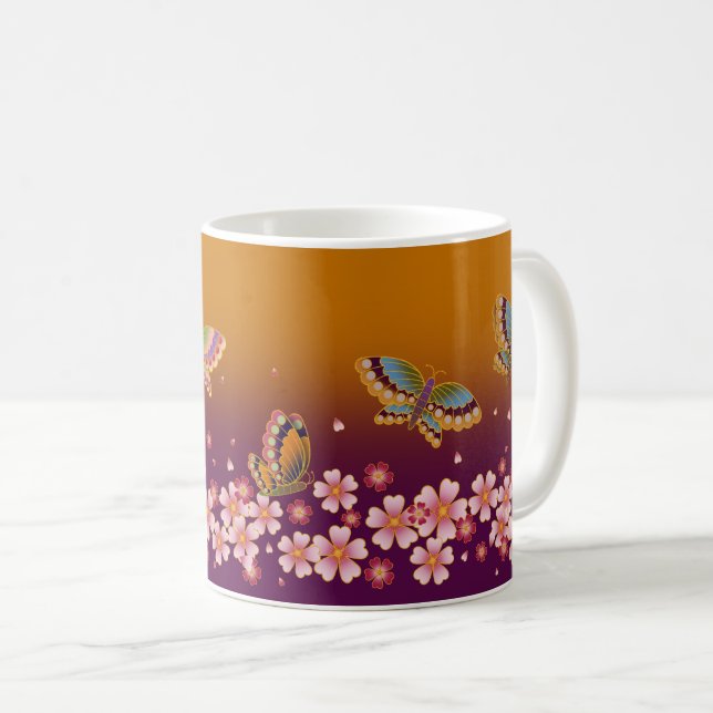 Caneca De Café Borboletas japonesas no meio de Sakura Flores Dour (Frente Esquerda)