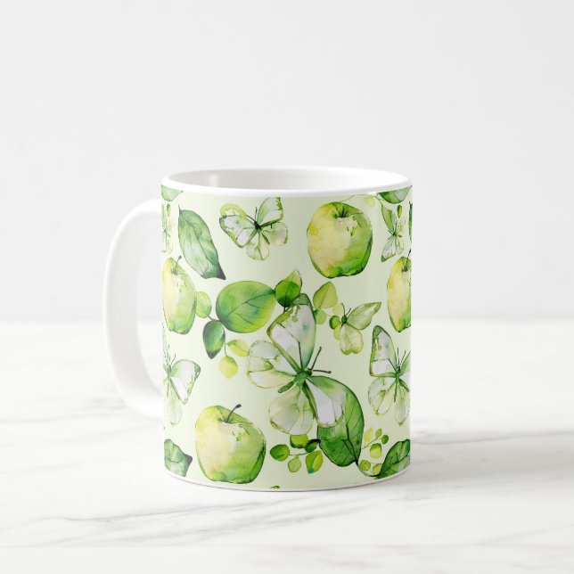 Caneca De Café Borboletas Maçãs Verdes (Frente Esquerda)