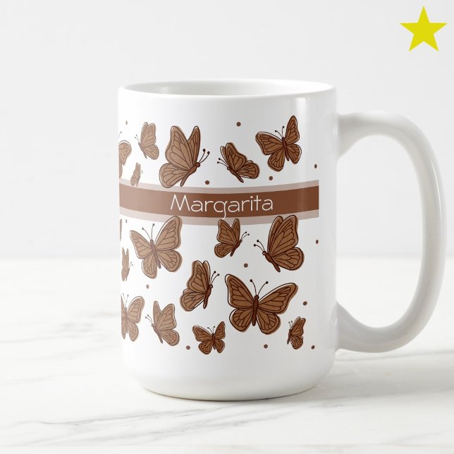 Caneca De Café Borboletas Marrom Avelã & Nome Personalizado Monog (Criador carregado)