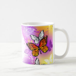 Caneca De Café Borboletas Monarcas em Fundo Roxo