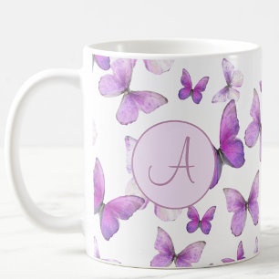 Caneca De Café Borboletas Pastel Roxo Feminino com Monograma Pers
