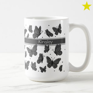 Caneca De Café Borboletas Pretas Cinzas & Pontos Nome Personaliza