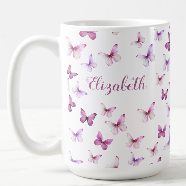 Caneca De Café Borboletas Rosa Bonito Nome Personalizado (Criador carregado)