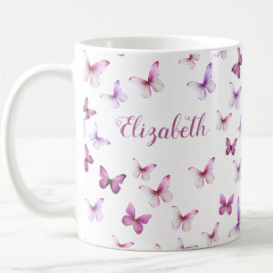 Caneca De Café Borboletas Rosa Bonito Nome Personalizado