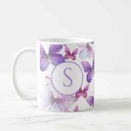 Caneca De Café Borboletas Rosa e Roxo Monograma Personalizado