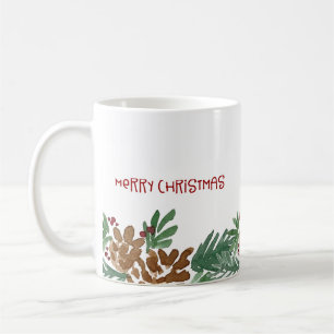 Caneca De Café Borda de Pinhas em Aquarela Feliz Natal