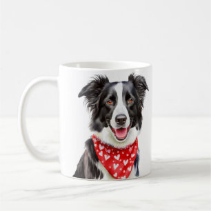 Caneca De Café Borda Feliz Collie Bandana de Coração Vermelho