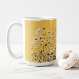 Caneca De Café Borda Floral Amarela de Mimosa