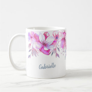 Caneca De Café Borda Floral Cor-de-Rosa em Aquarela com Nome Pers