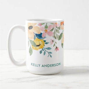 Caneca De Café Borda Floral de Aquarela Botânica Rosa Cinza Pêsse