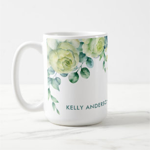 Caneca De Café Borda floral Eucalyptus watercolor com rosas