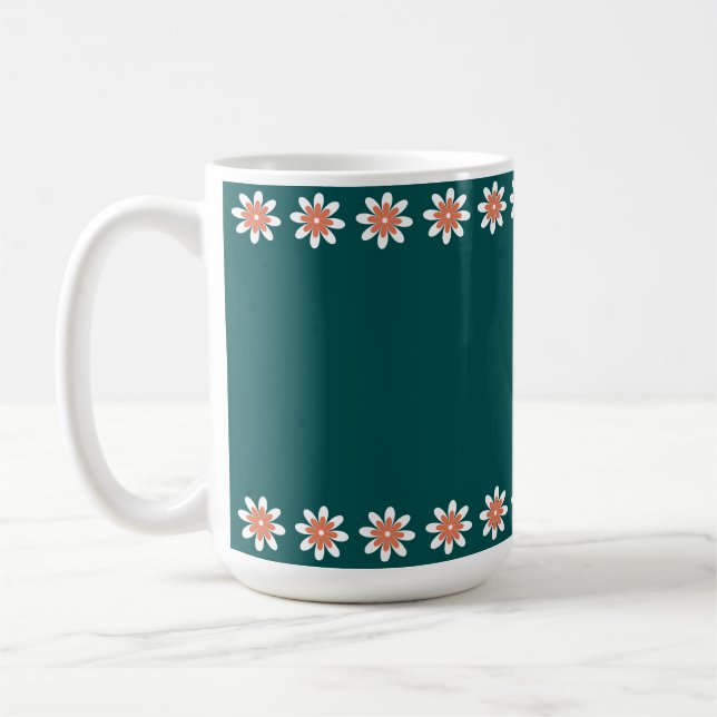 Caneca De Café Borda Floral Mínima Retro Azul Turquesa Profundo (Esquerda)
