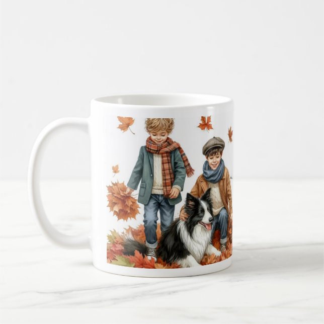 Caneca De Café Border Collie e Crianças Outono (Esquerda)