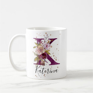 Caneca De Café Borgonha Cor-de-Rosa Esbranquiçada Letra Floral K