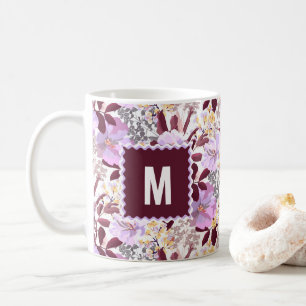 Caneca De Café Borgonha Deixa Púrpura Padrão Floral Monograma