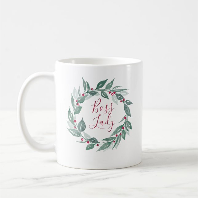 Caneca De Café Boss Lady Boho Greenery Wreath Red Berries Feriado (Esquerda)