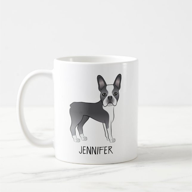 Caneca De Café Boston Terrier Cartoon Cão Azul e Branco & Nome (Esquerda)