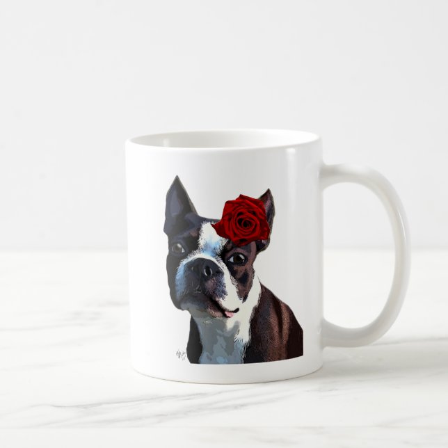 Caneca De Café Boston Terrier com Rosa na cabeça (Direita)