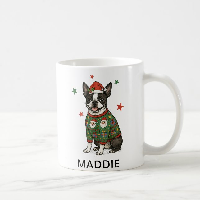 Caneca De Café Boston Terrier Dog Christmas Sweater (Direita)