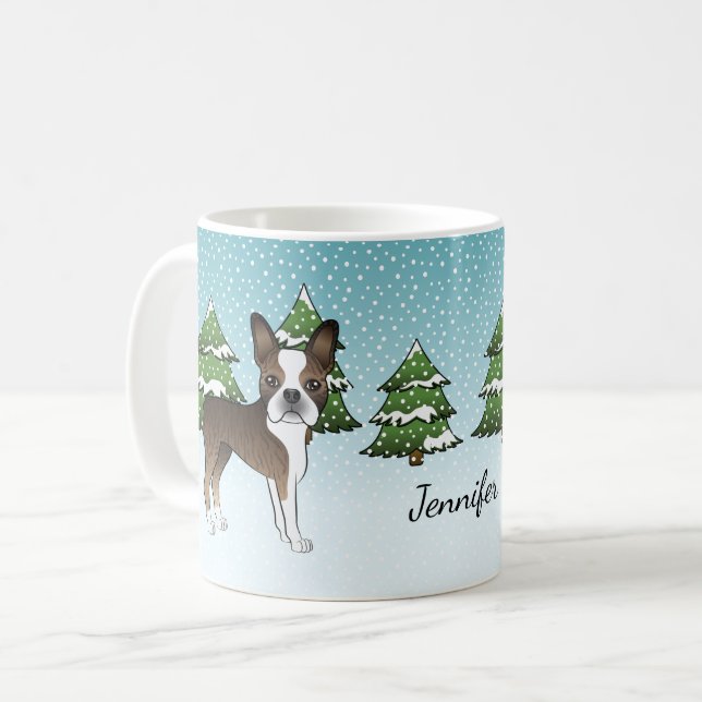 Caneca De Café Boston Terrier Listrado Em Uma Floresta De Inverno (Frente Esquerda)