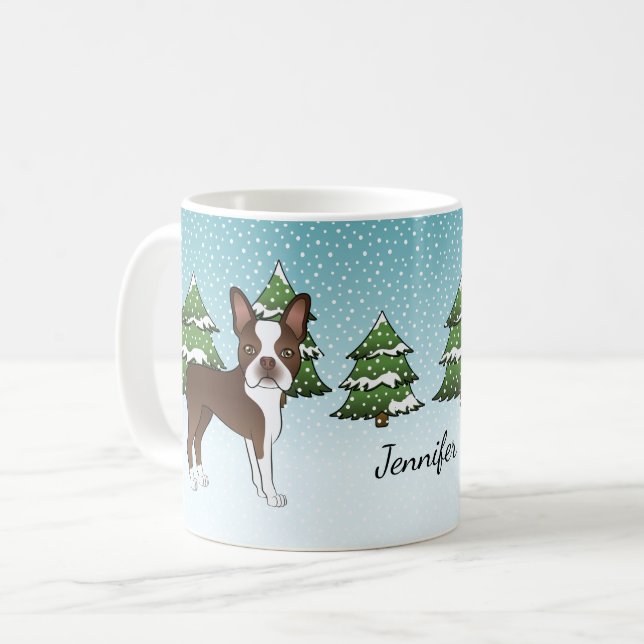 Caneca De Café Boston Terrier Marrom Em Uma Floresta de Inverno & (Frente Esquerda)